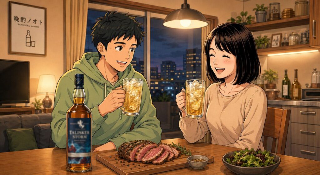 タリスカーストームと鴨のパストラミのペアリングを楽しむ夫婦のイメージ