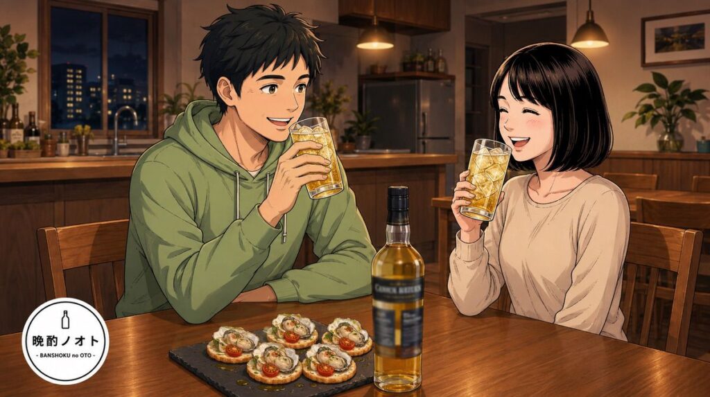 牡蠣とトマトのカナッペを食べながらトルベイグアルトグランを楽しむ夫婦のイメージ