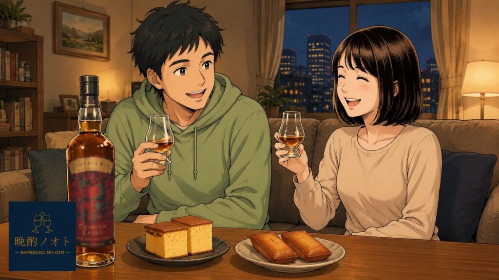 クリムゾンカスクとカステラやフィナンシェのペアリングを楽しむ夫婦のイメージ