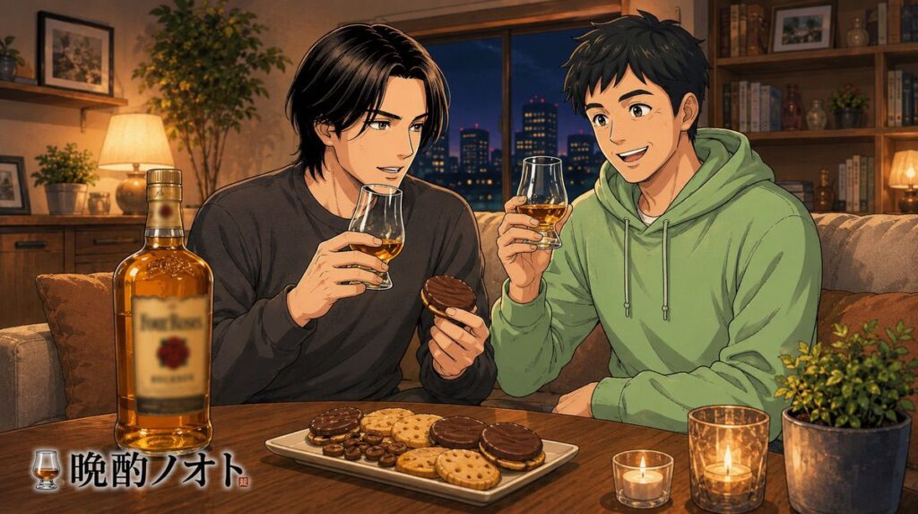 フォアローゼスイエローとチョコ&コーヒー ビスケットのペアリング楽しむ親子のイメージ