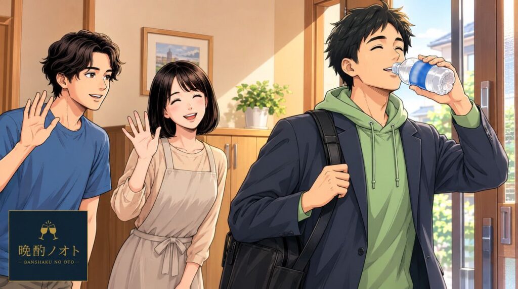 二日酔いを克服した父親と送り出す妻と長男のイメージ