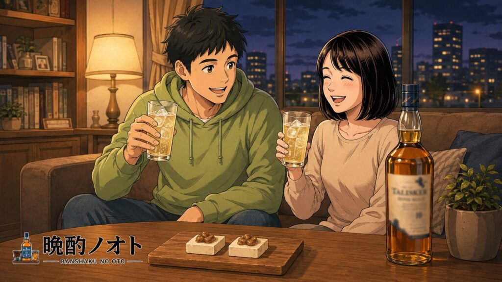 イカの塩辛クリームチーズとタリスカーのペアリングを楽しむ夫婦のイメージ