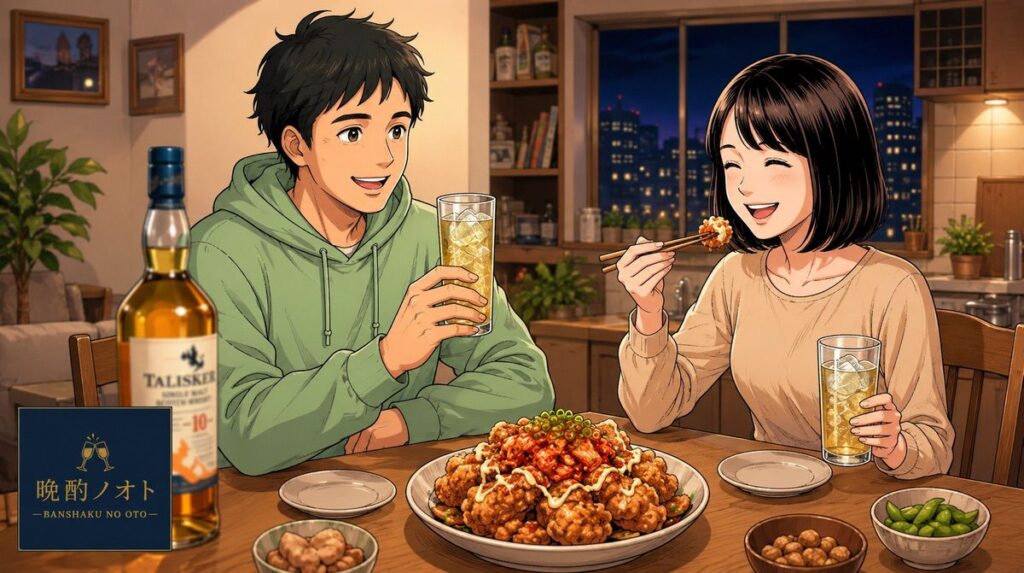 唐揚げキムチマヨとハイボールのペアリングを楽しむ夫婦のイメージ