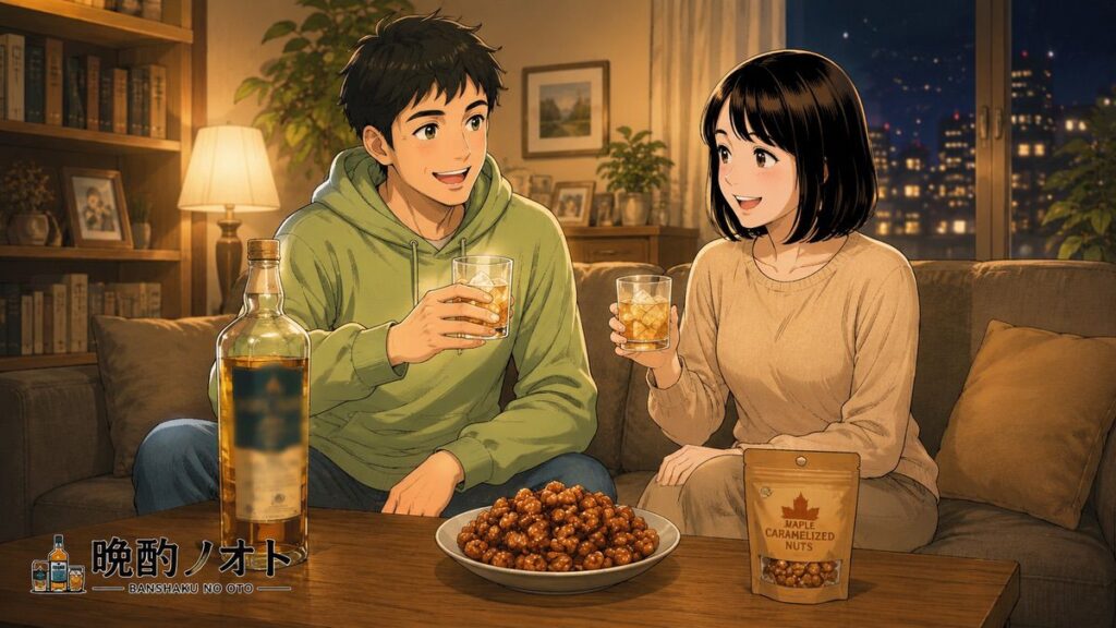 メリーパークファームとナッツのペアリングを楽しむ夫婦のイメージ