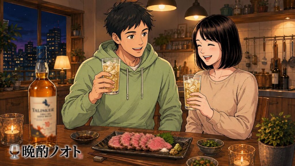 夫婦でローストビーフとハイボールのペアリング楽しむイメージ