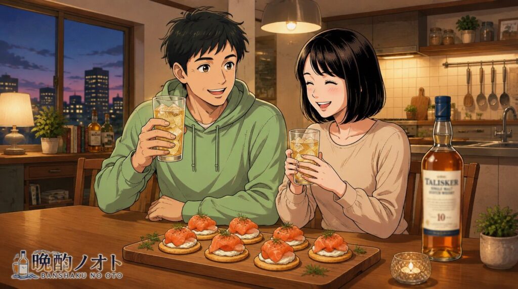 スモークサーモンとクリームチーズのカナッペとウイスキーのペアリングを楽しむ夫婦のイメージ
