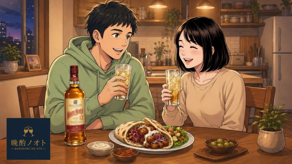 ケバブサンドとホワイトホース12年ハイボールのペアリングを楽しむ夫婦のイメージ