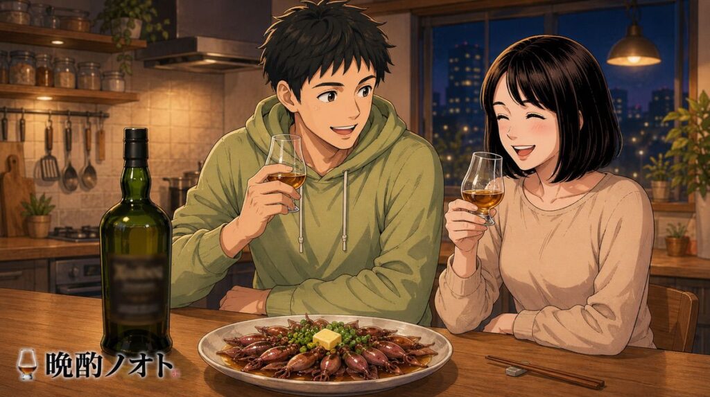 ウーガダールとホタルイカのバター醤油焼きを楽しむ夫婦のイメージ