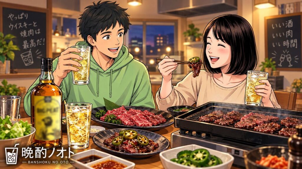 ビッグピートレッドワインカスクと焼肉のタレにつけてハラペーニョを乗せたハラミのペアリングを楽しむ夫婦のイメージ