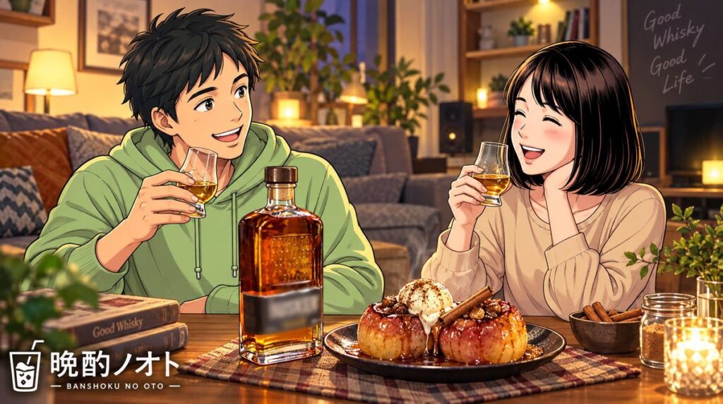 バスカーシングルポットスチルと焼きリンゴのペアリングを楽しむ夫婦のイメージ