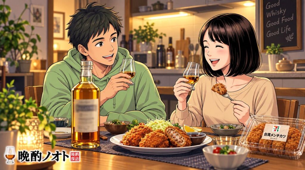 クラガンモア12年と台湾メンチカツのペアリングを楽しむ夫婦のイメージ