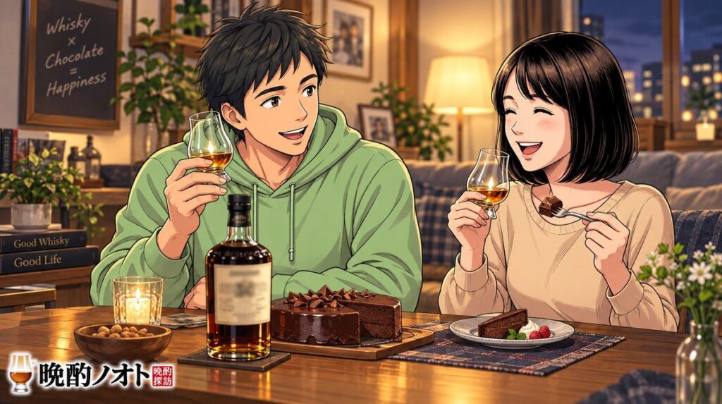 エドラダワー10年とチョコレートケーキのペアリングを楽しむ夫婦