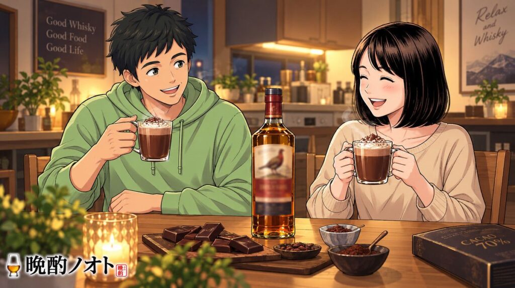 フェイマスグラウスシェリーカスクのココア割とビターチョコのペアリングを楽しむ夫婦