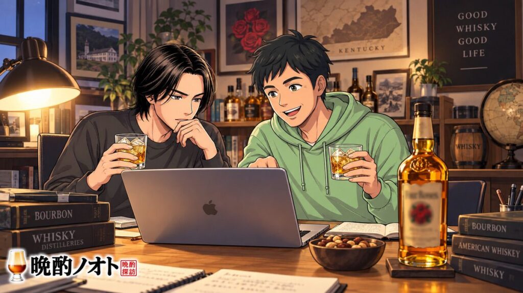 書斎でフォアローゼス蒸留所を調べる親子のイメージ