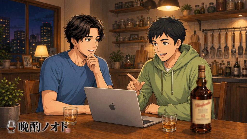ネットでグレンファークラス蒸留所を調べながらグレンファークラス12年を飲む親子のイメージ