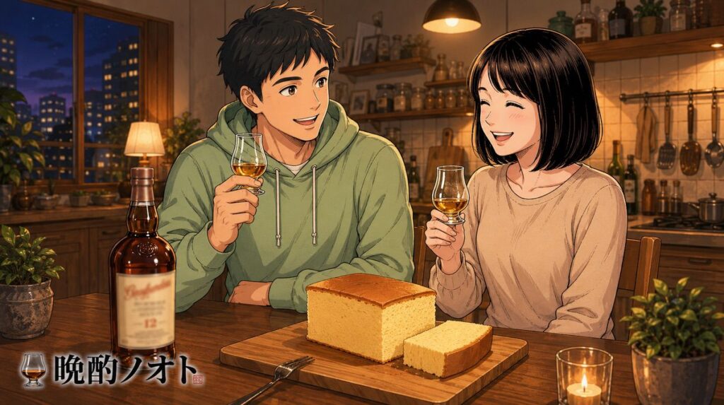 グレンファークラス12年と台湾カステラのペアリングを楽しむ夫婦