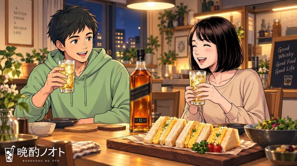 ジョニーウォーカー12年ブラックラベルとあご出汁たまごサンドのペアリングを楽しむ夫婦のイメージ