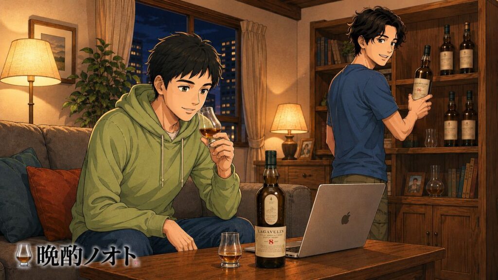 ラガヴーリン8年と16年を飲み比べる親子のイメージ