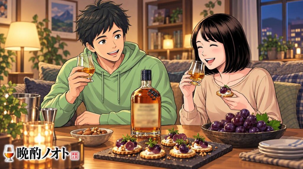 モンキーショルダーを飲みながら巨峰のカナッペのペアリングを楽しむ夫婦