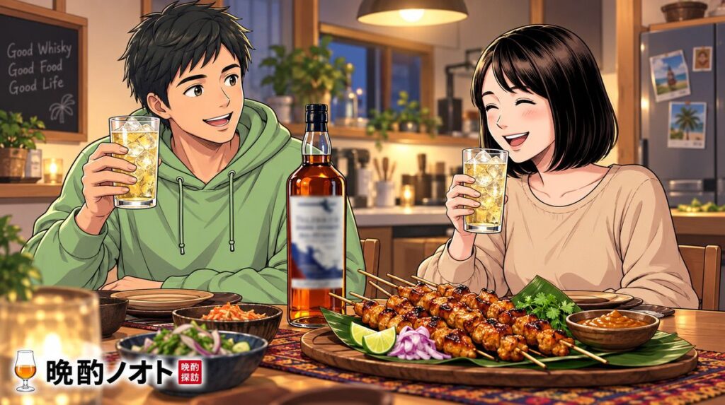タリスカーダークストームのハイボールとサテアヤムのペアリングを楽しむ夫婦のイメージ