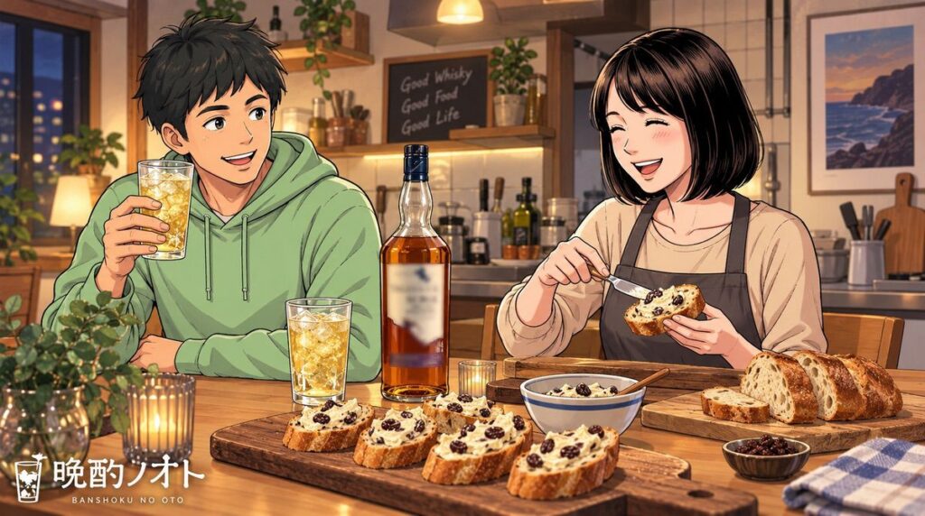 タリスカーサージとタリスカーサージとレーズンバターに蜂蜜をかけて乗せたバゲットのペアリングを楽しむ夫婦のイメージ