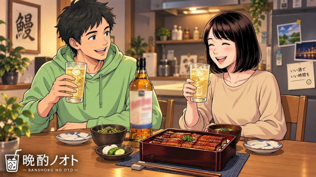ホワイトホースなごみと鰻の蒲焼のペアリングを楽しむ夫婦のイメージ