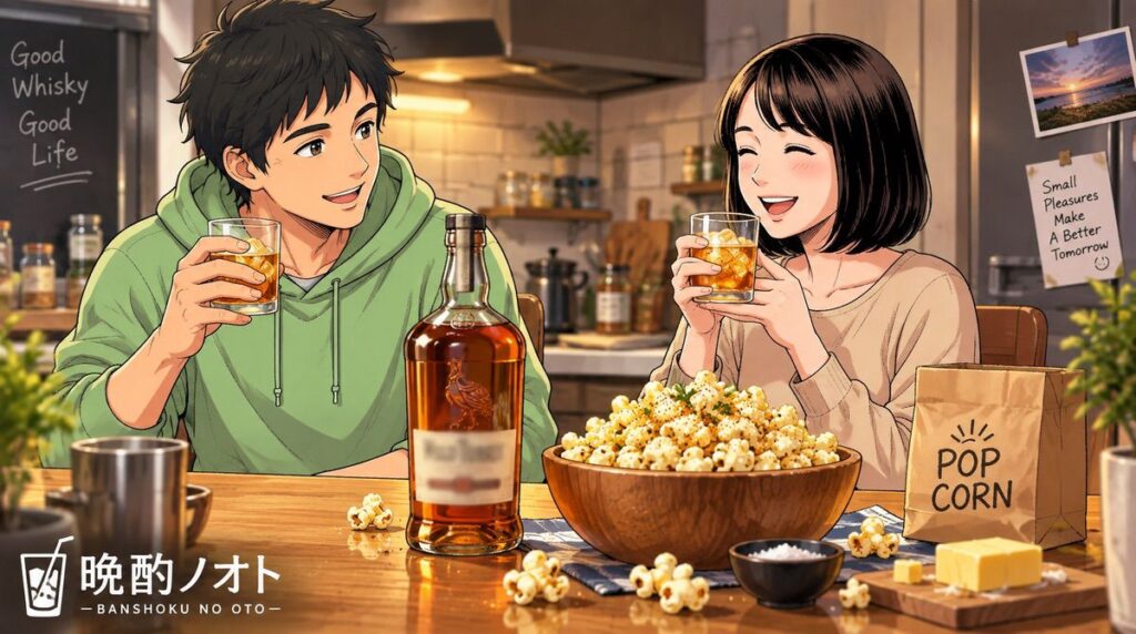 ワイルドターキー12年とポップコーンのペアリングを楽しむ夫婦のイメージ