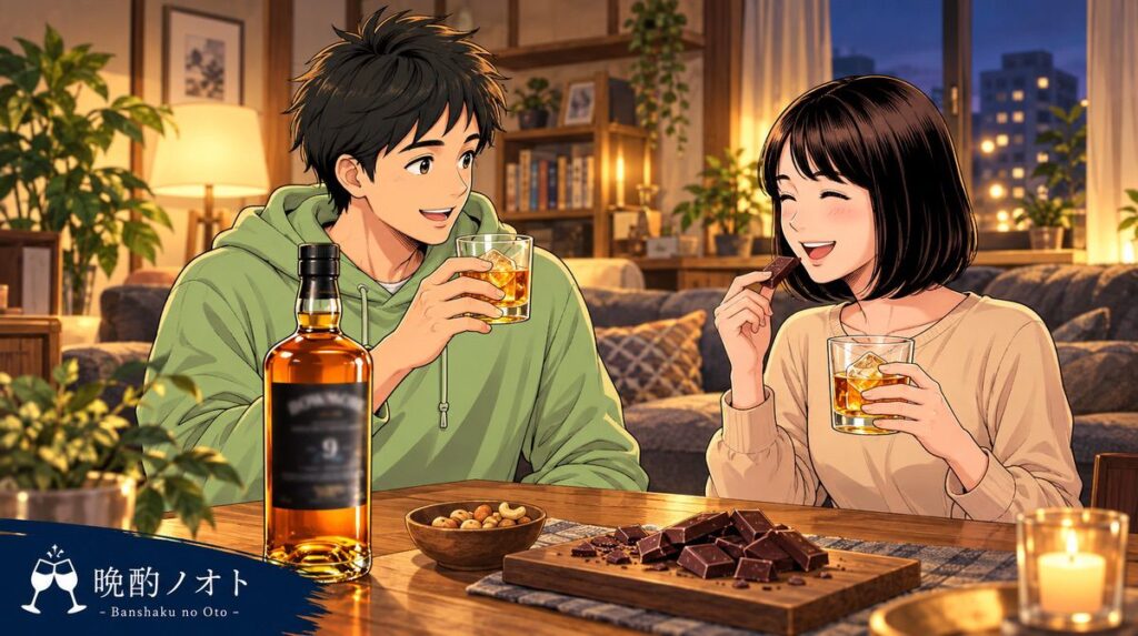 ボウモア9年とカシューナッツのペアリングを楽しむ夫婦のイメージ