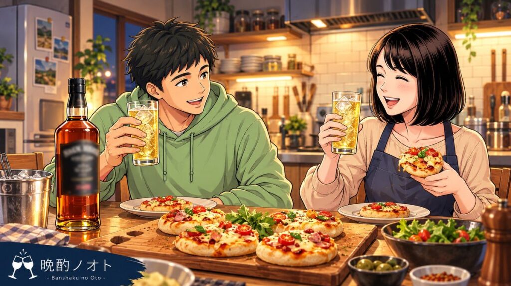 リビングでボウモア12年シェリーオークカスクを楽しむ夫婦のイメージ