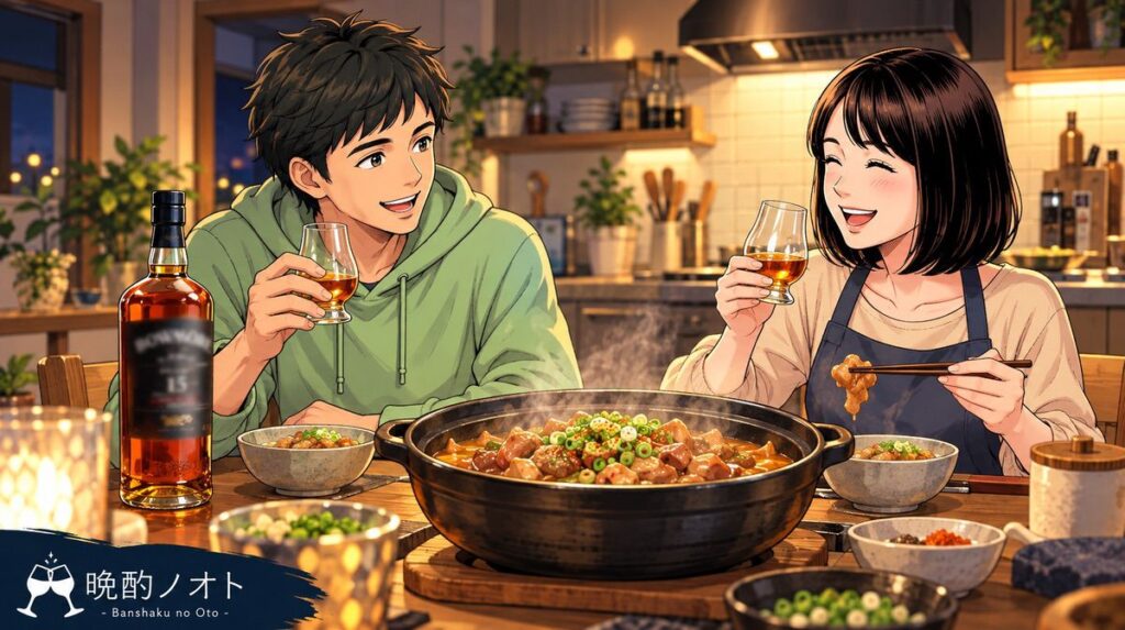 ボウモア15年シェリーオークカスクとモツ味噌煮込みのペアリングを楽しむ夫婦のイメージ