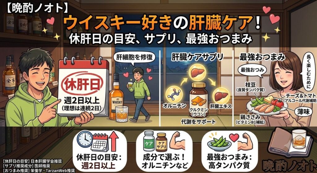 ウイスキー好きの肝臓ケア！休肝日の目安とおすすめサプリ・最強おつまみ